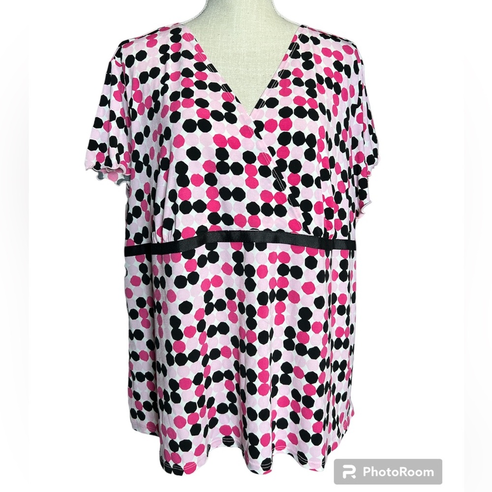 Cato Pink, Black & White Polka Dot Short Sleeve Blouse
